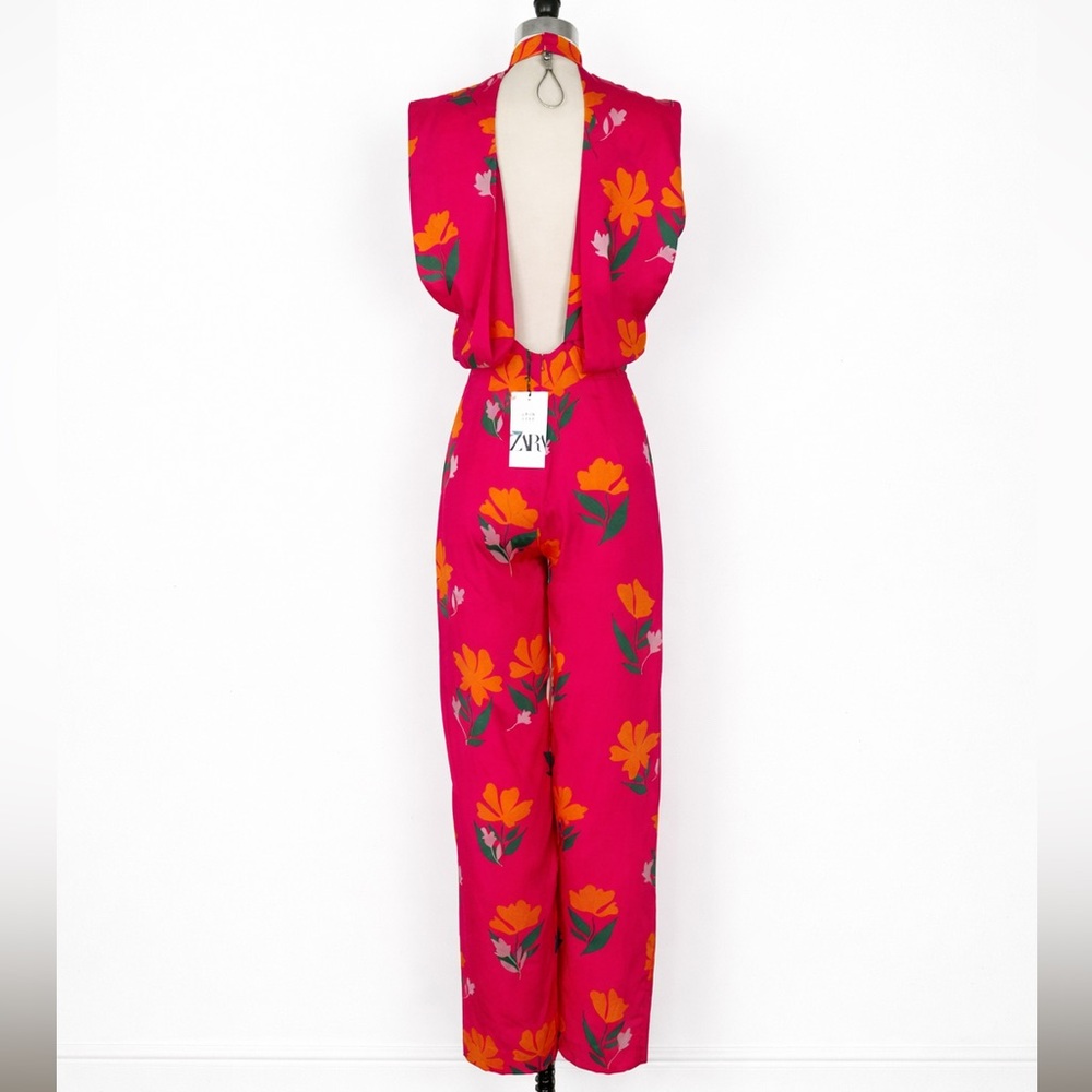 Zara Hot Pink Floral High-Neck Jumpsuit | M - Picture 4 of 10